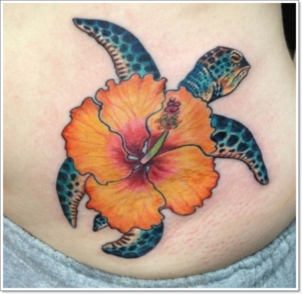 Hawaiian Flower And Turtle Tattoo On Waist