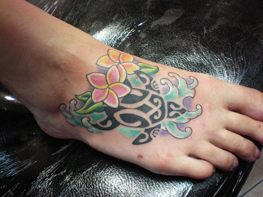 Hawaiian Flowers And Turtle Tattoo On Right Foot