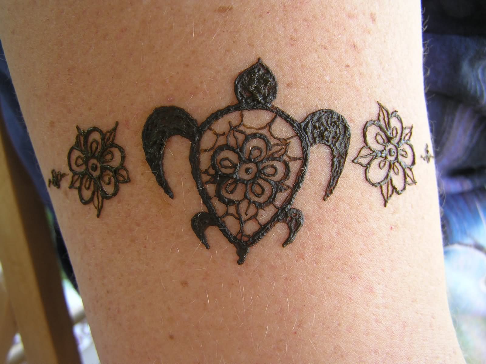 Henna Flowers And Turtle Tattoo Design