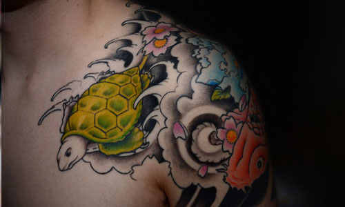 Japanese Turtle Tattoo On Man Left Shoulder