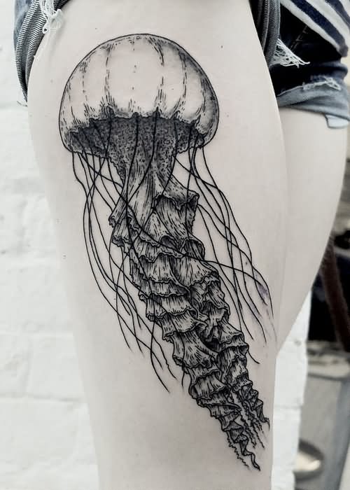 Jellyfish Grey Ink Tattoo On Girl Right Thigh