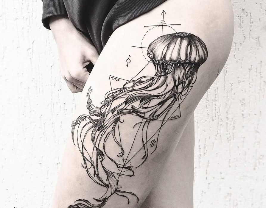 Jellyfish Tattoo On Girl Left Side Thigh