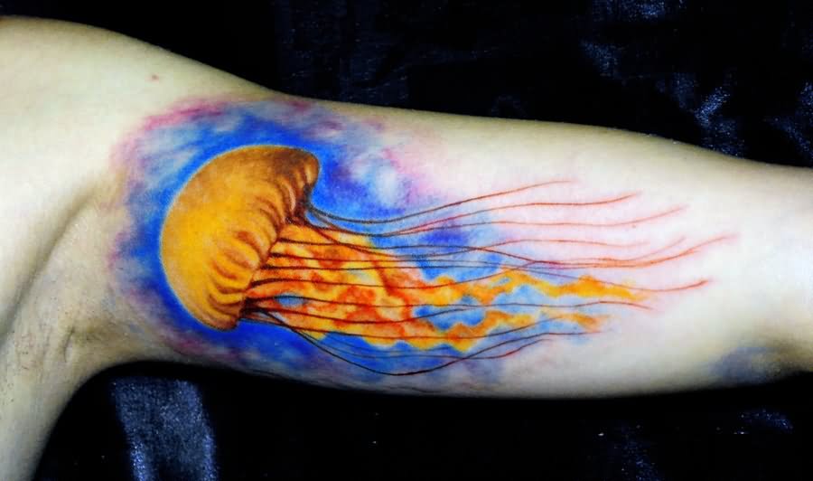Jellyfish Tattoo On Inner Bicep by Koraykaragozler
