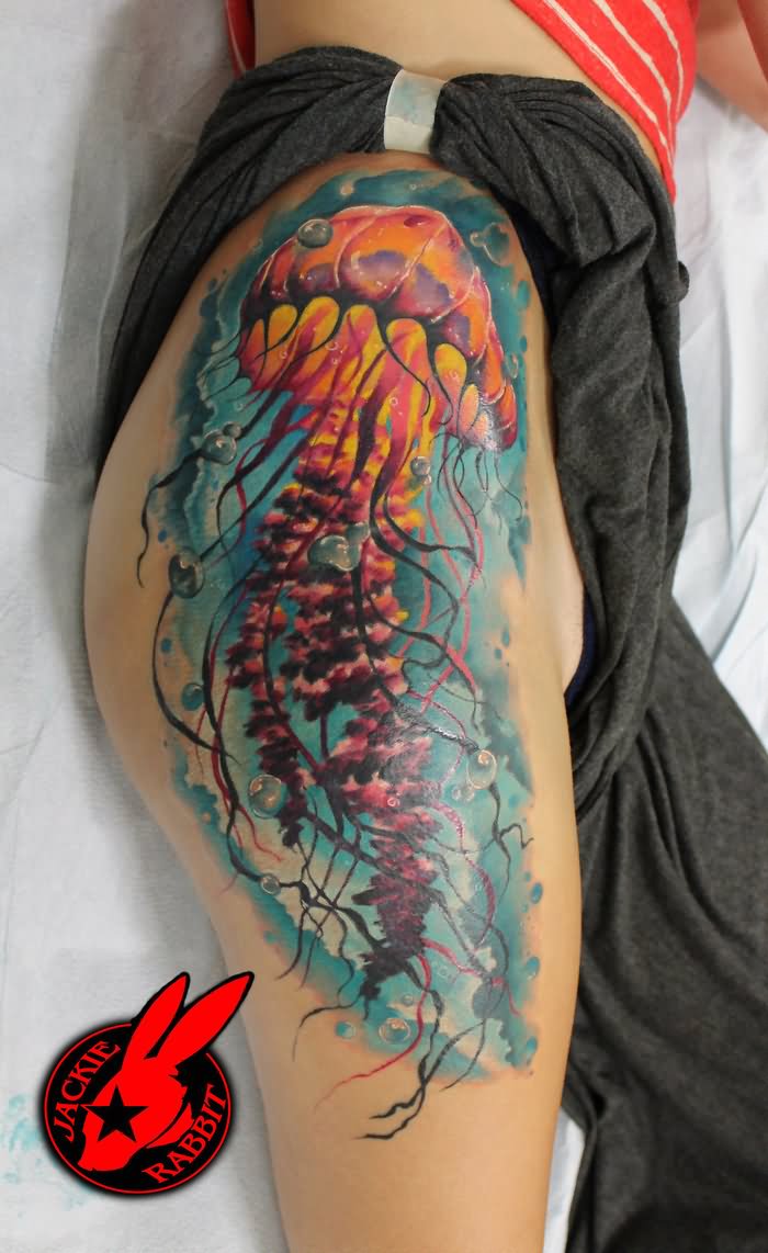Jellyfish Tattoo On Side Thigh