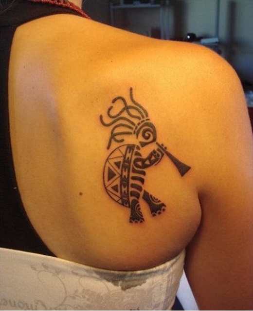 Kokopelli Turtle Tattoo On Right Back Shoulder