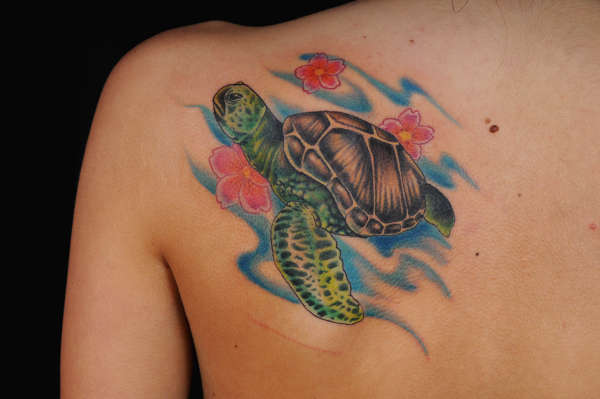 Left Back Shoulder Colored Turtle Tattoo