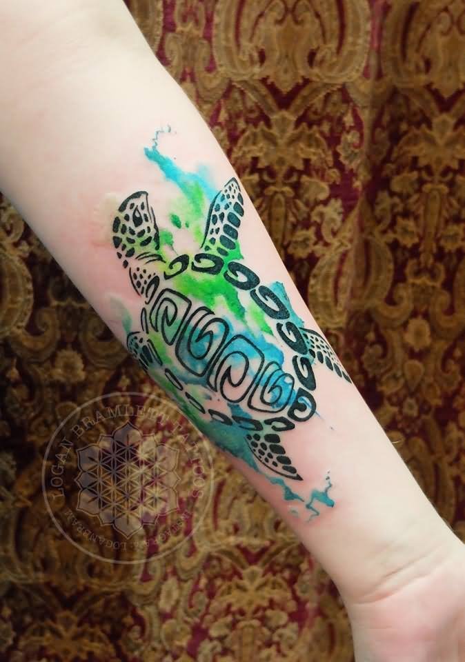 Left Forearm Watercolor Turtle Tattoo
