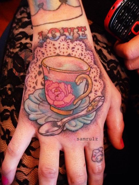 Love Teacup Tattoo On Right Hand