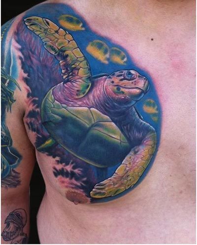 Man Chest Sea Turtle Tattoo Idea