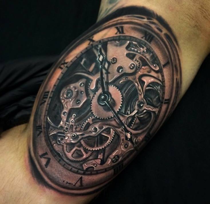 Mechanical Watch Tattoo On Bicep by Johnny Smith