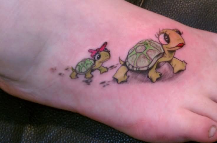 Mother Turtle With Baby Turtle Tattoo On Right Foot