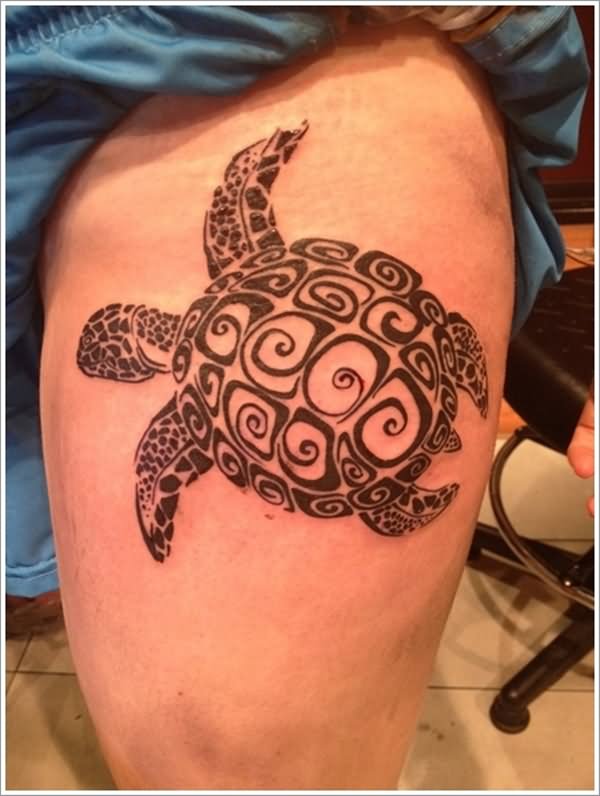 Nice Black Tribal Turtle Tattoo On Side Thigh