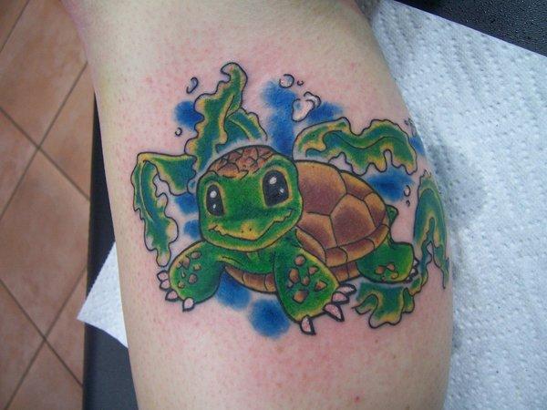 Nice Green Baby Turtle Tattoo On Leg