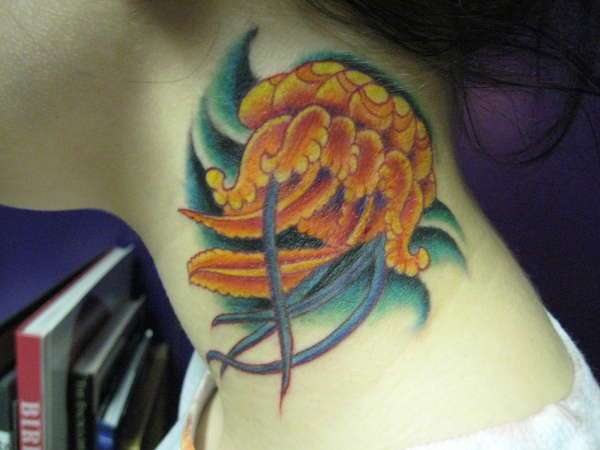 Nice Side Neck Jellyfish Tattoo For Girls