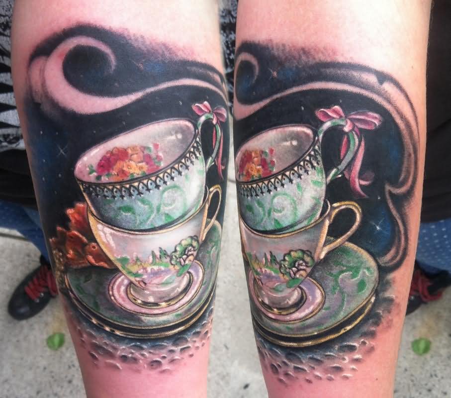 Nice Teacup Tattoo On Left Arm