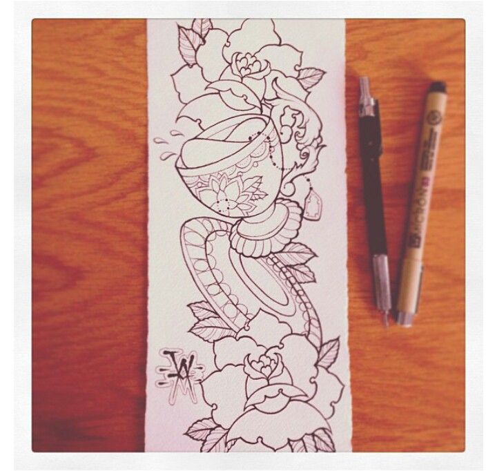 Outline Flowers And Teacup Tattoo Design