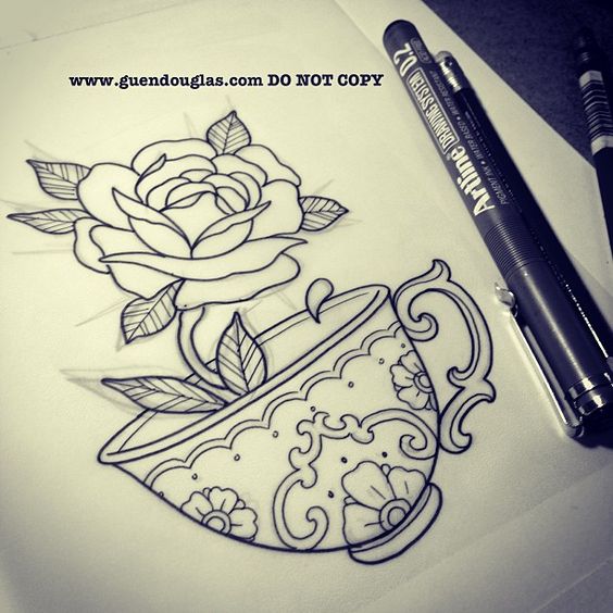 Outline Rose And Teacup Tattoo Design