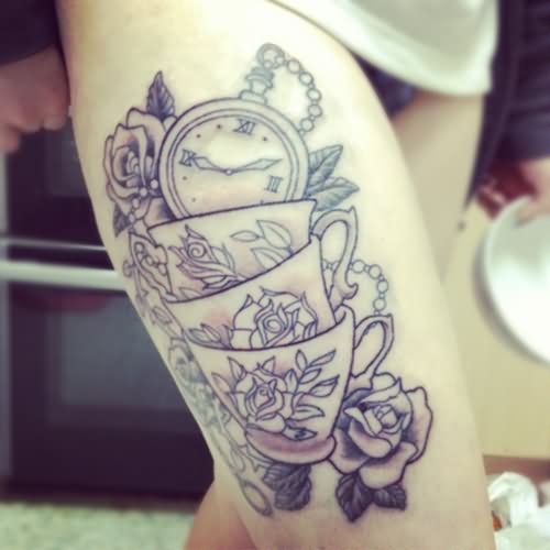 Pocket Watch And Teacup Tattoo On Right Thigh