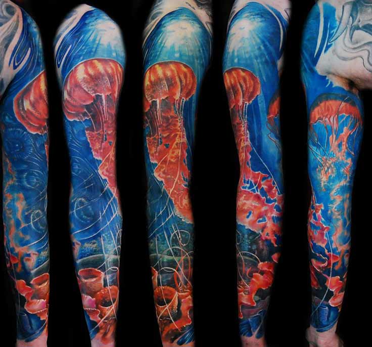 Realistic Jellyfish Tattoo On Full Sleeve