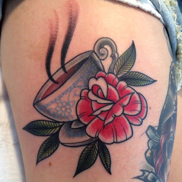 Red Flower And Teacup Tattoo On Side Leg