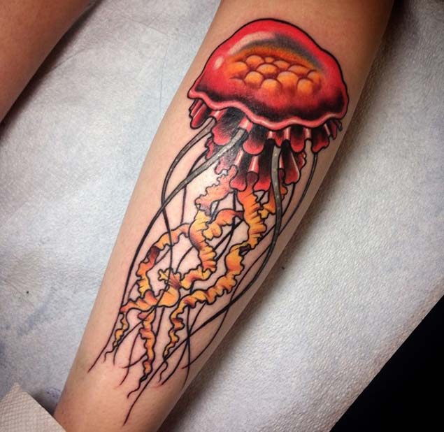 Red Jellyfish Tattoo On Leg
