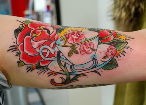 Red Rose And Teacup Tattoo On Inner Bicep