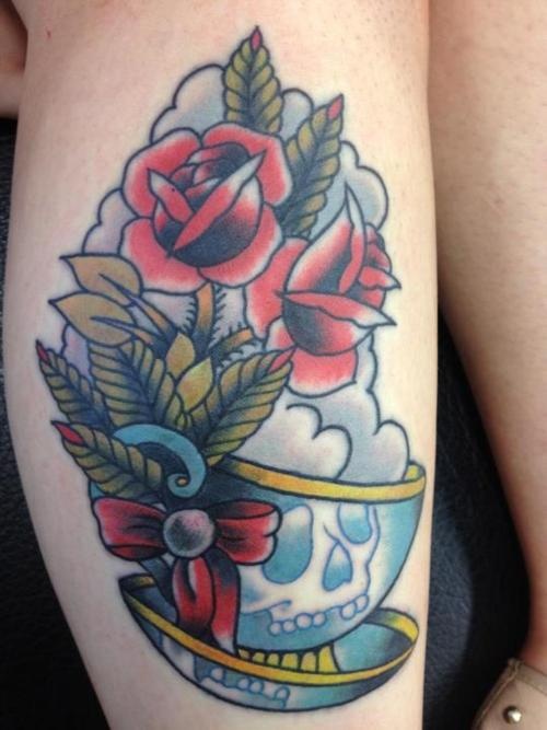 Red Roses And Teacup Tattoo On Leg