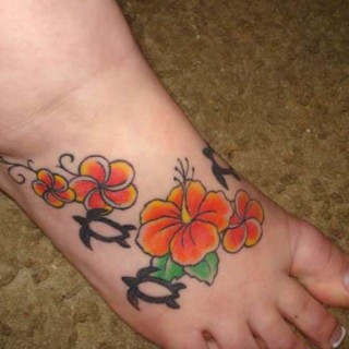 Right Flowers And Turtle Tattoos On Right Foot