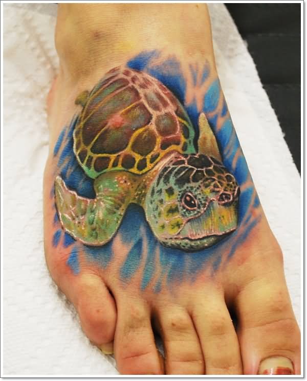 Right Foot Colored Turtle Tattoo For Men