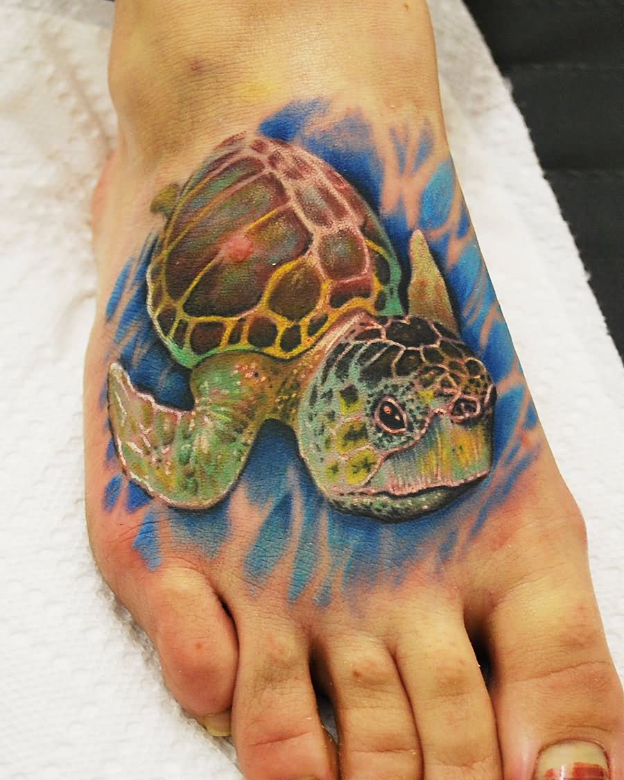 Right Foot Colored Turtle Tattoo