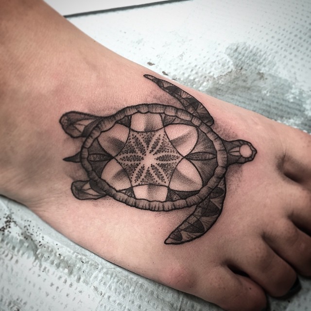Right Foot Grey Ink Turtle Tattoo
