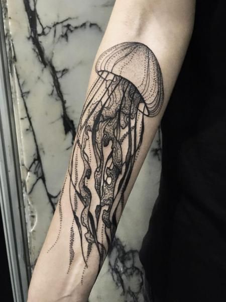 Right Forearm Grey Ink Jellyfish Tattoo For Girls