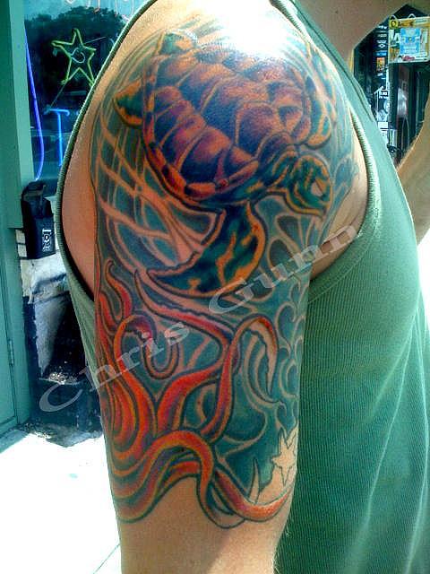 Right Half Sleeve Colored Turtle Tattoos For Men