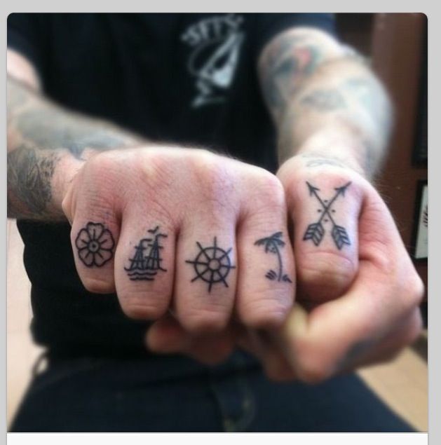 Sailor Wheel And Palm Tree Tattoo On Finger