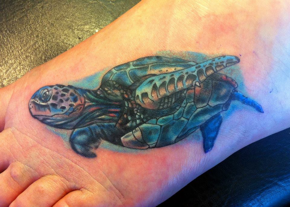 Sea Turtle Tattoo On Left Foot