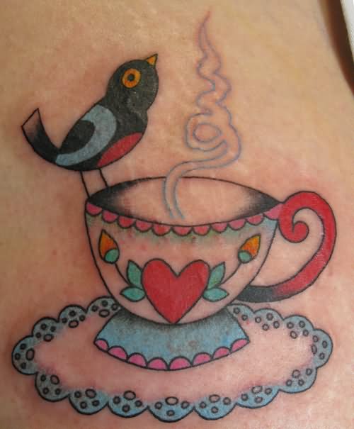 Small Bird And Teacup Tattoo