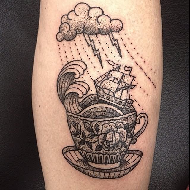 Storm In Teacup Tattoo On Leg