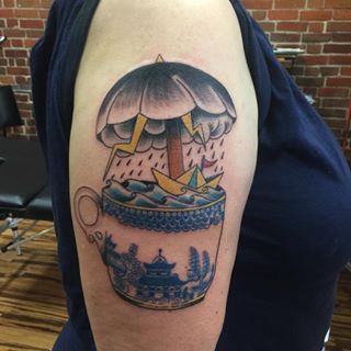 Teacup Tattoo On Right Half Sleeve For Girls