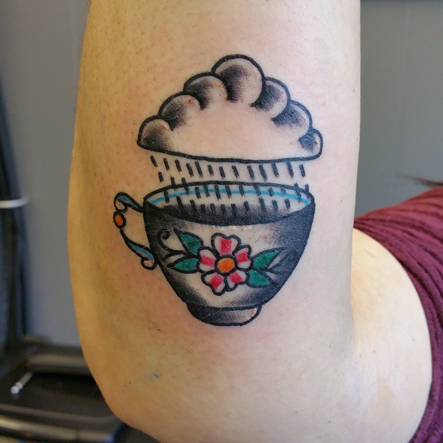 Traditional Storm Teacup Tattoo On Arm