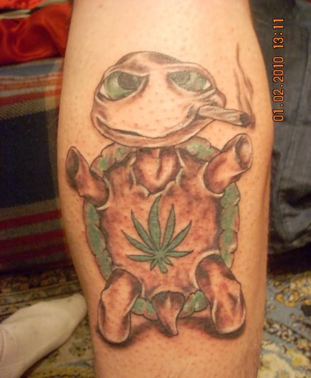 Turtle Smoking Marijuana Tattoo On Leg