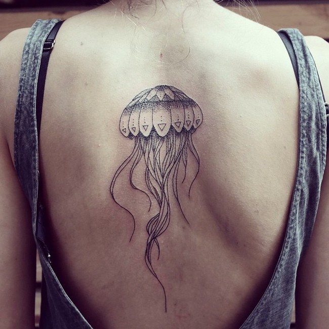 Upper Back Grey Ink Jellyfish Tattoo For Girls