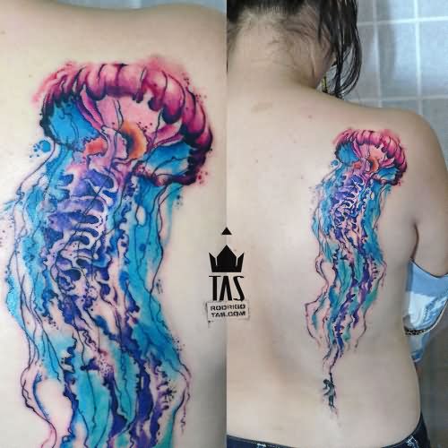 Vivid Colors Jellyfish Tattoo On Back