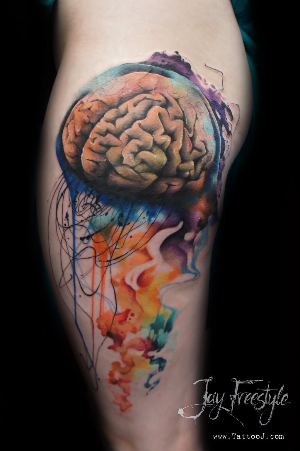 Watercolor Brain Jellyfish Tattoo On Leg