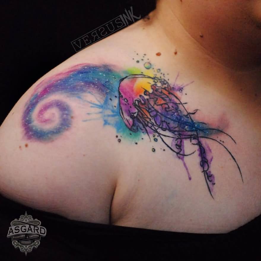 Watercolor Jellyfish Tattoo On Front Shoulder