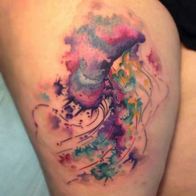 Watercolor Jellyfish Tattoo On Right Thigh