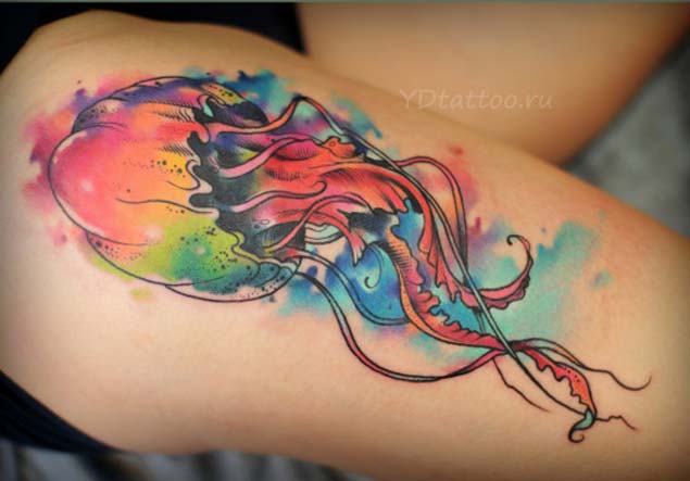 Watercolor Jellyfish Tattoo On Side Thigh