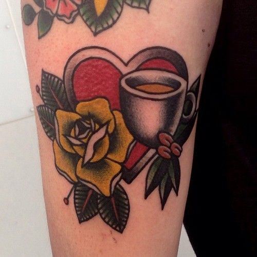 Yellow Rose Flower And Teacup Tattoo