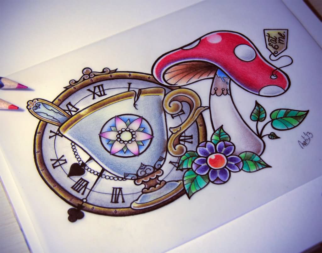 Alice in Wonderland Teacup Tattoo Design by Nataliarey