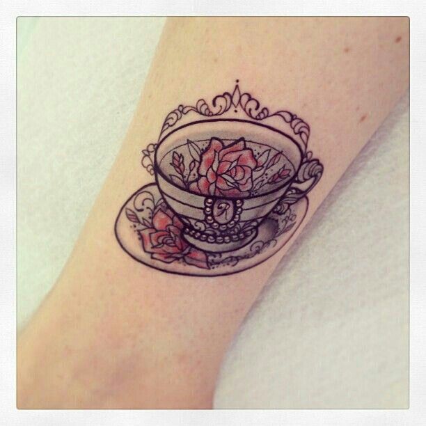 Alice in Wonderland Teacup Tattoo On Leg