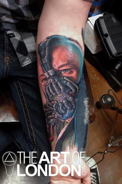 Attractive 3D Bane Face Tattoo On Forearm